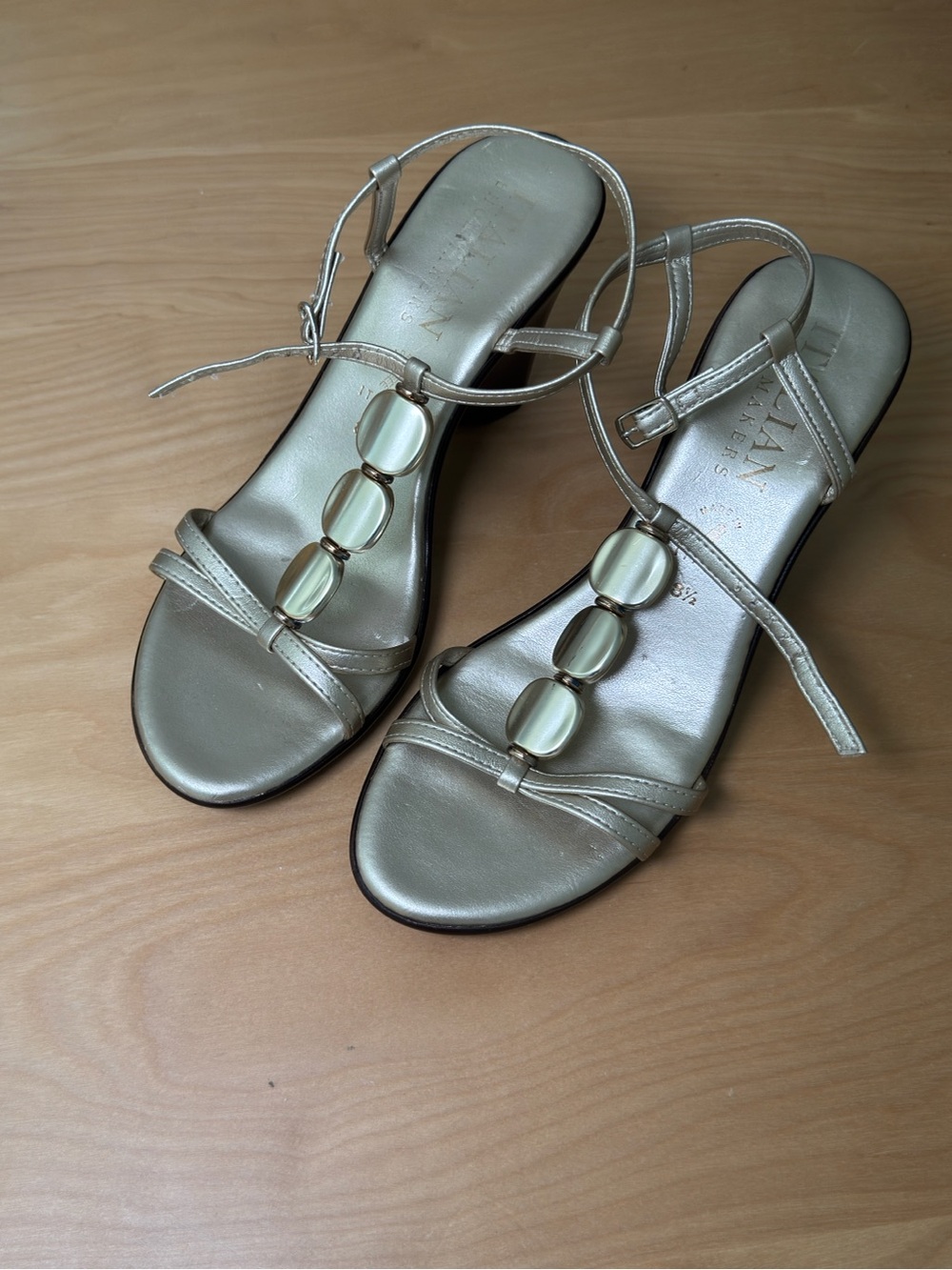 Italian Shoemakers Metallic Gold T-Strap Sandals with Bead Accents - Size 8.5